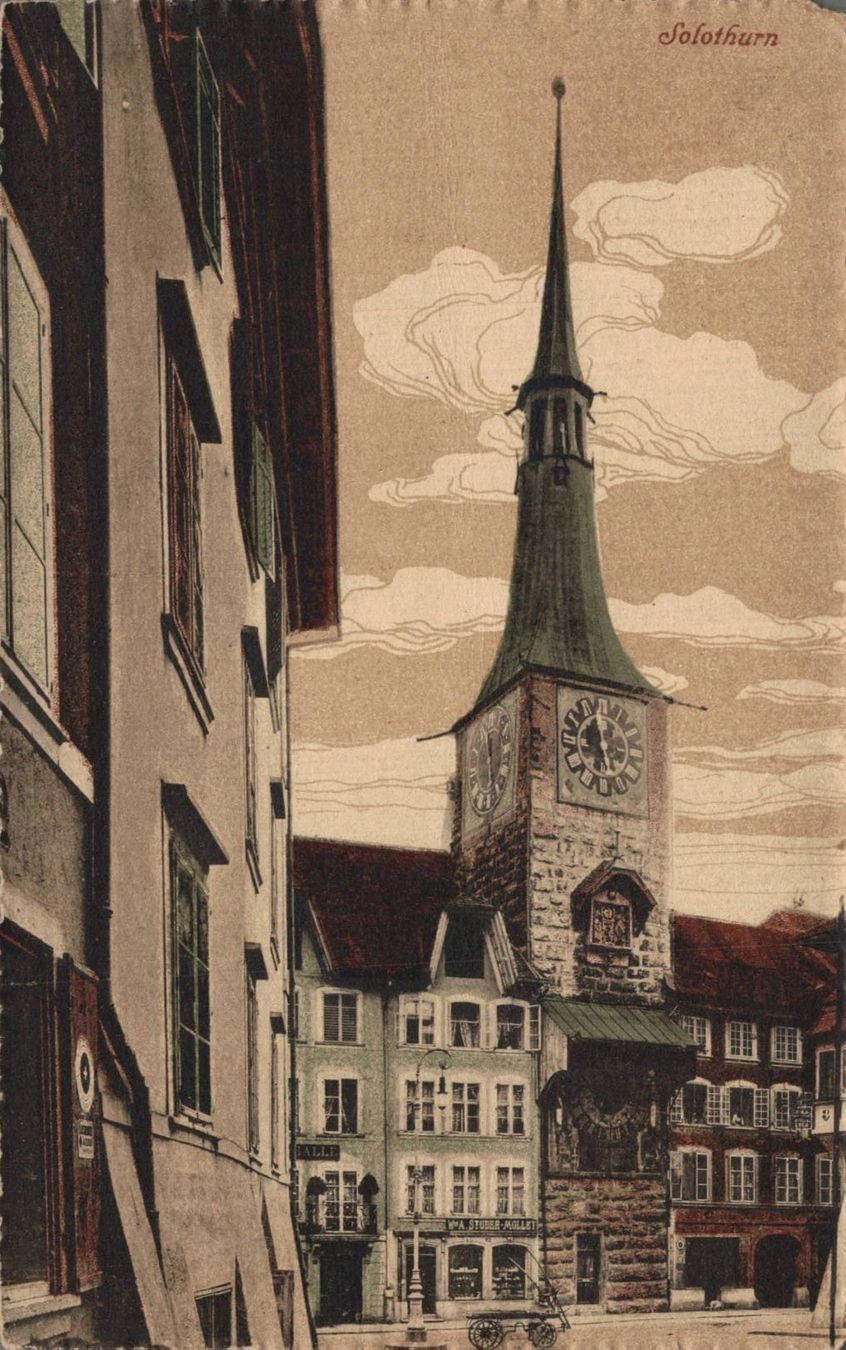 Cartoline postali: Seltene Ansichtskarte Solothurn mit Uhrturm, 1928 – Usato da Luzern venduto da Kartenansicht
