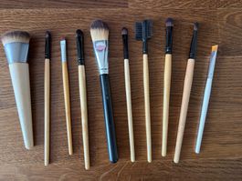 Various used makeup brushes