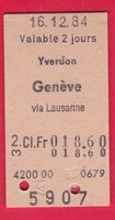 KARTON BILLETT, YVERDON-GENÈVE, 2.KLASSE, EINFACH,18.12.1984