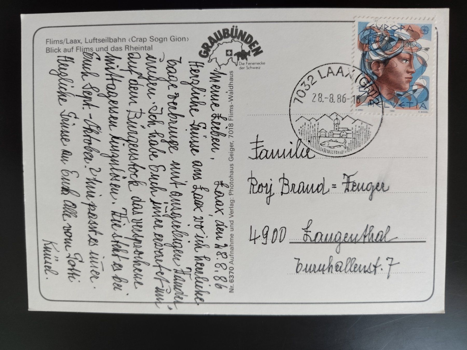 Cartoline postali: Flims Laax Luftseilbahn Blick ins Rheintal dat. 1986 – Usato da Ohmstal venduto da Lebensfreude05 1