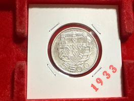 Portugal 5 Escudos 1933, Silbermünze, sehr selten!
