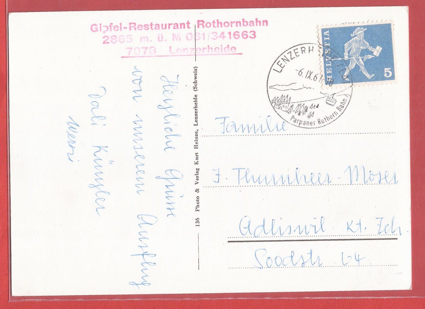 Cartoline postali: Lenzerheide Rothornbahn Seilbahn - 1967 gestempelt – Usato da Fislisbach venduto da Porano 1