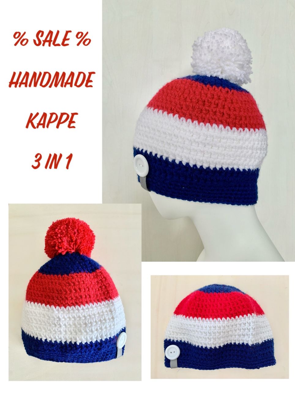 Altro abbigliamento per bambino: Kappe 3 in 1 mit oder ohne Bommel tragbar, Handarbeit – Nuovo e nell'imballaggio originale da Emmenbrücke venduto da swissmade-miracles
