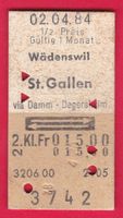 KARTON BILLETT, WÄDENSWIL - ST.GALLEN,2.KLASSE,RETOUR,HALBTA
