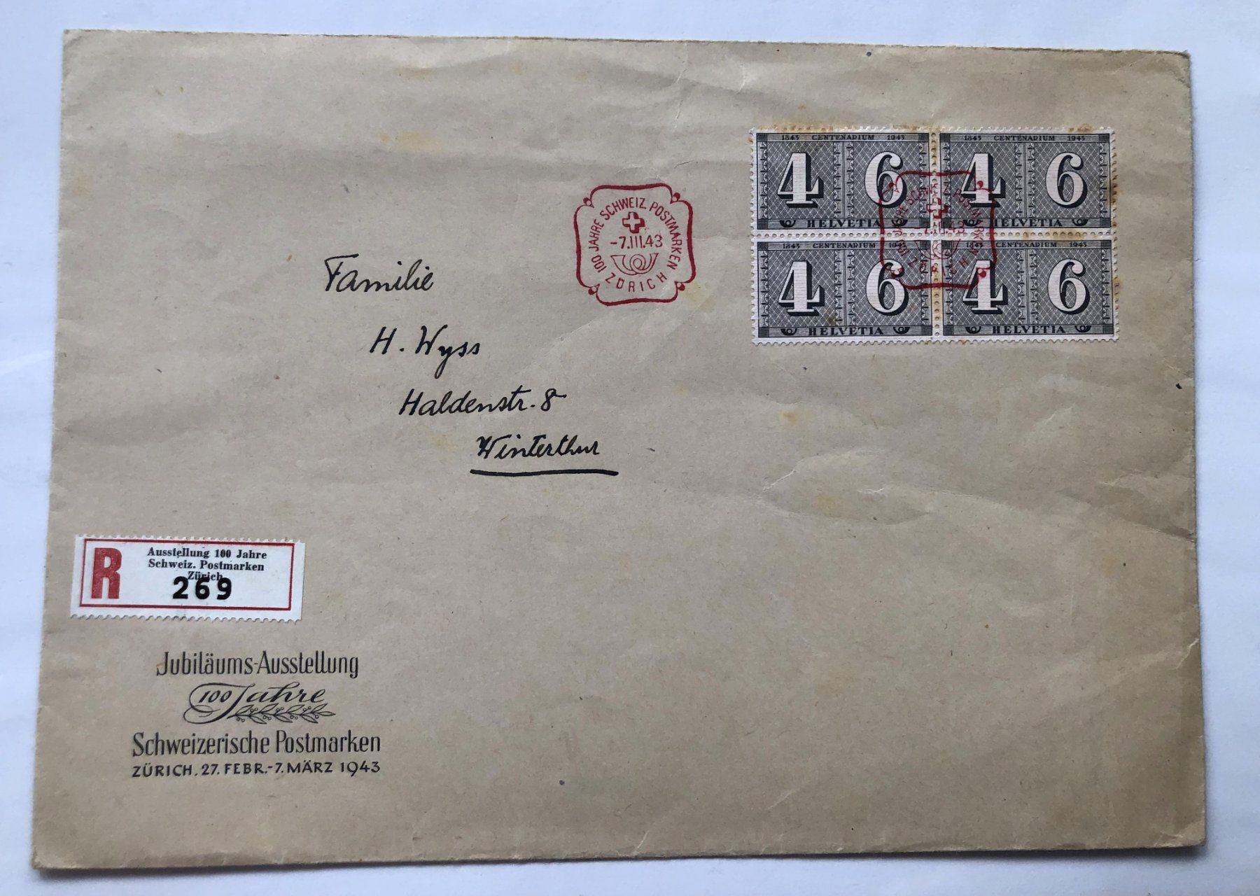 Tutti i francobolli: Schweizerische Postmarken - Einschreiben - 4er Block - 1943 – Usato da Schaffhausen venduto da durruti