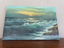 Antikes Oelbild Szene Meer, Leinwand