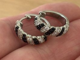 Luxus Elegante Mini Creolen  Schwarz Zirkonia Farbe Silber