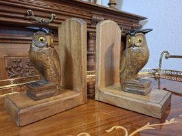 Vintage Handgeschnitzte Eulen-Buchstützen aus Holz