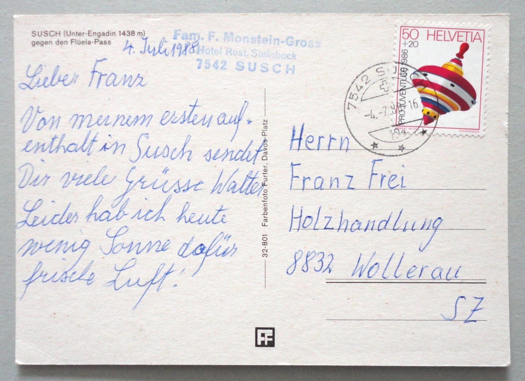Cartoline postali: Susch 1438 m, Unterengadin – Usato da Fétigny venduto da Billy2miny 1