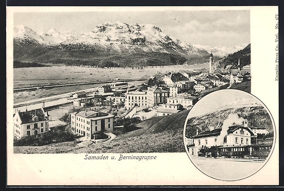 Cartoline postali: Samaden, Bahnhof, Blick zur Berninagrupp – Usato da Berlin venduto da bartko-reher