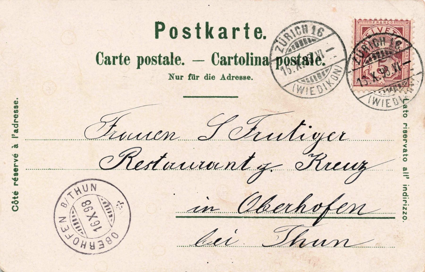 Cartoline postali: Litho Gruss Zurich 1898 – Usato da Biasca venduto da Blenio71 1