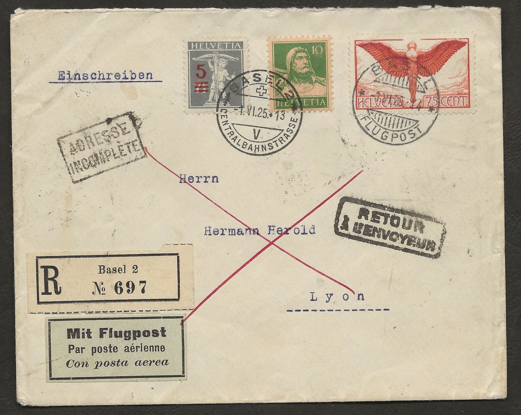 Alle Briefmarken: Flugpost Schweiz 1925 Basel Genf Lyon Luftpost F11 – Gebraucht aus Au ZH von xelagreb01