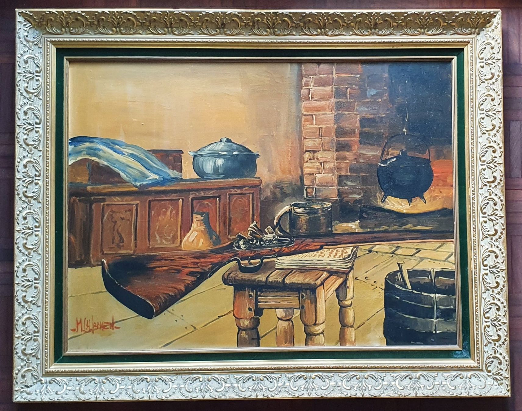 Gemälde: Bild - Öl auf Leinwand " Interieur mit Jagdgewehr " – Gebraucht aus Kreuzlingen von Rschweiz1