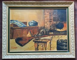 Bild - Öl auf Leinwand " Interieur mit Jagdgewehr "