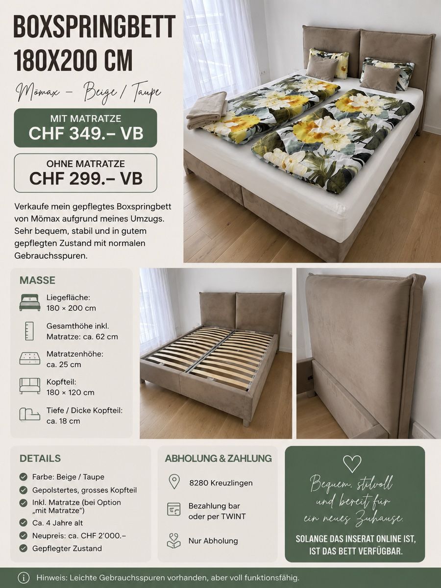 Letti: Boxspringbett Moemax 180x200 cm beige gebraucht – Usato da Kreuzlingen venduto da sab_vbx6