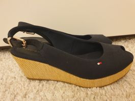Tommy Hilfiger sandale compensée, 37, navy, tissu, cuir