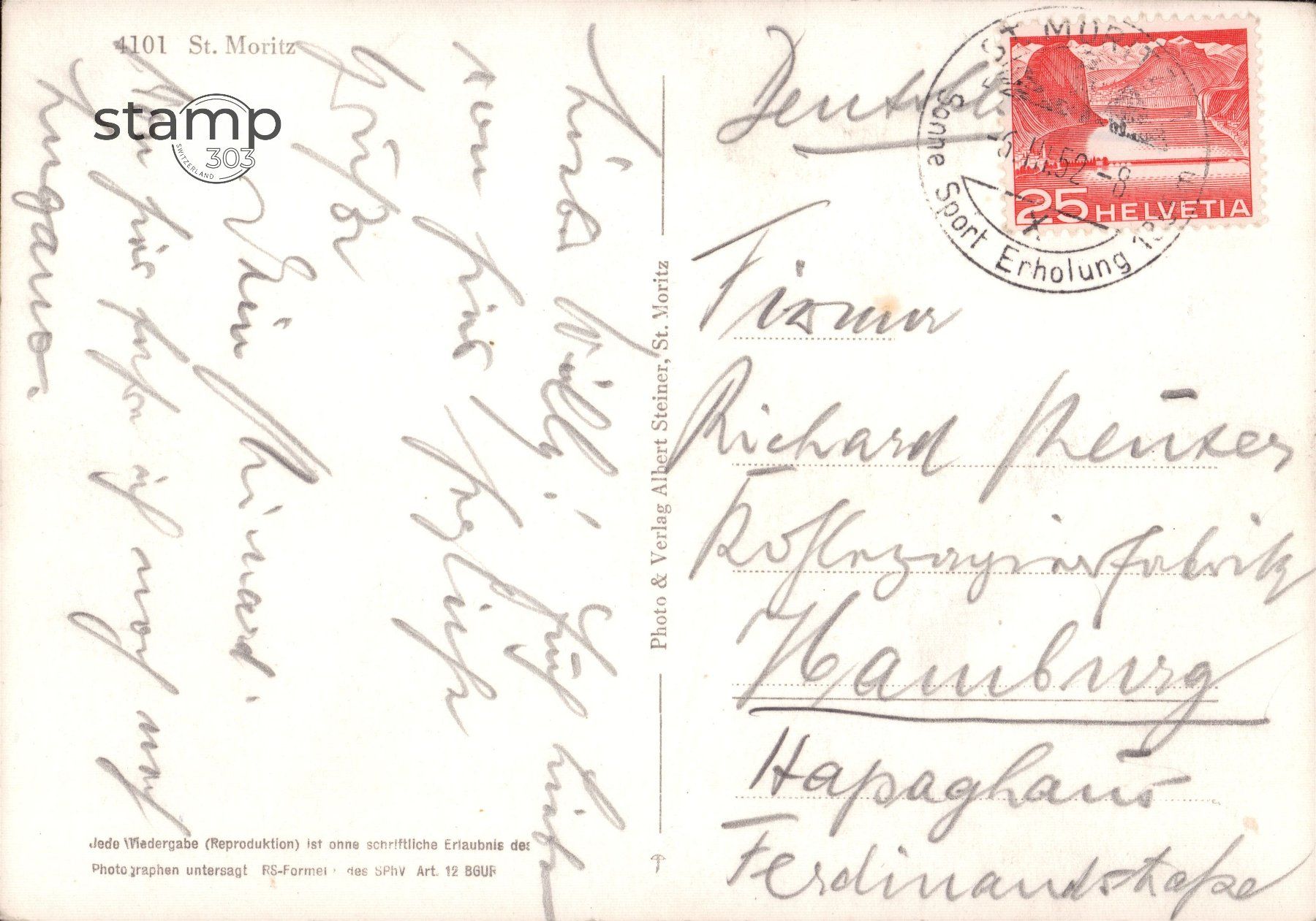 Cartoline postali: 1952 AK St. Moritz – Usato da Eggersriet venduto da stamp303 1