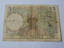 5 Francs 1936, Banque Afrique Occidentale, U.1960, Selten!
