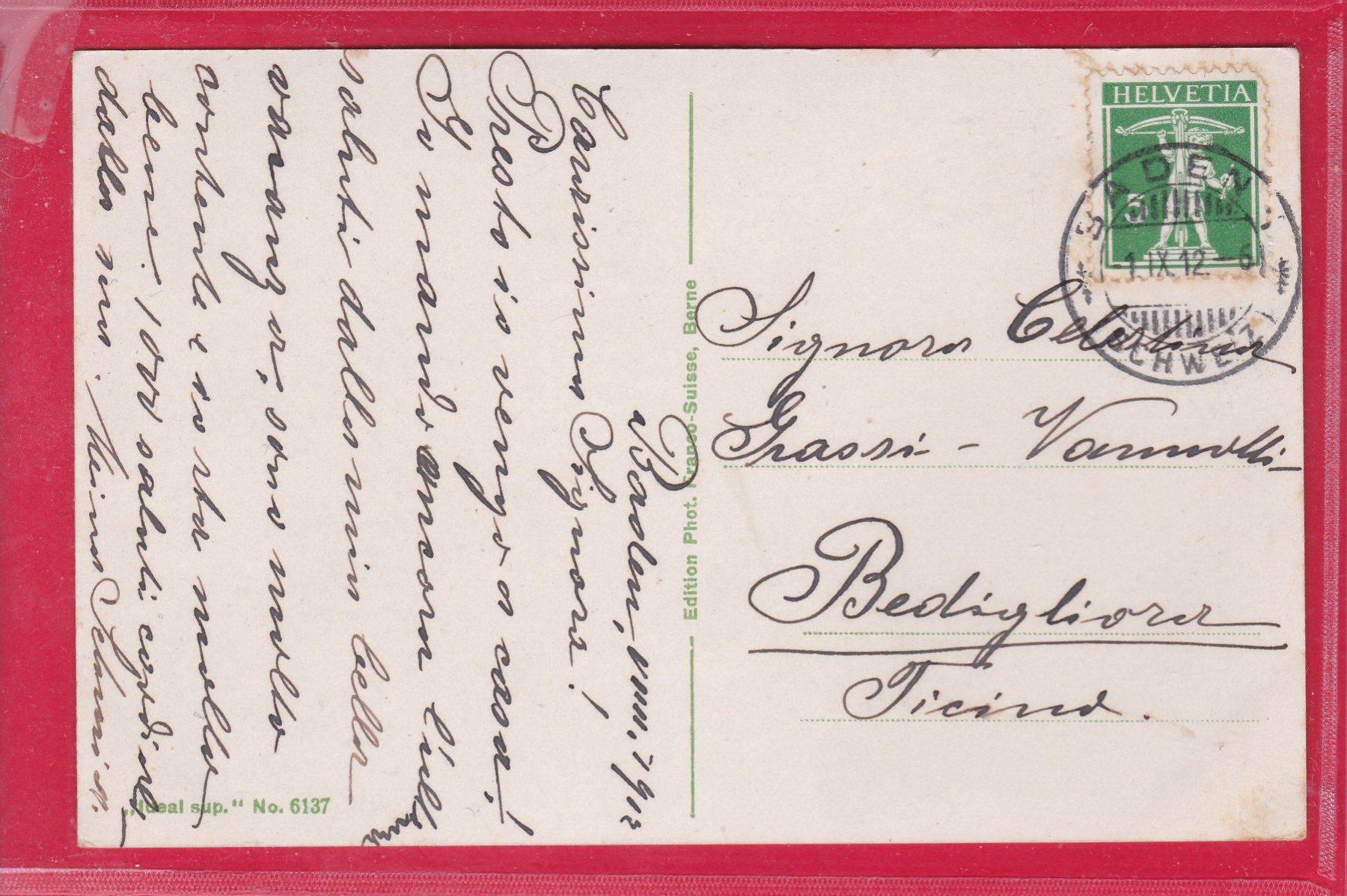 Ansichtskarten: BADEN, 1.9.1912 – Gebraucht aus Oberrieden von Gebirgsstelze 1