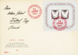 1945, Basler Taube Block auf Ausstellungs-Couvert