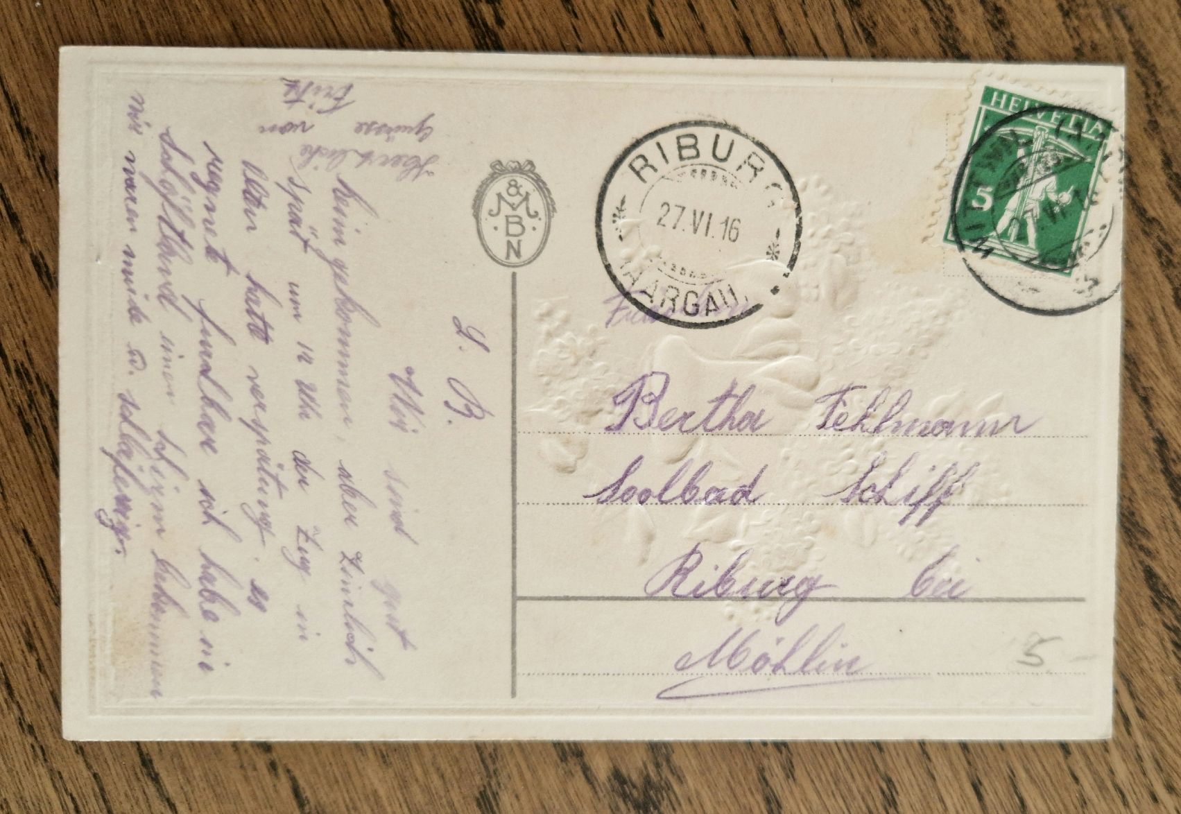 Ansichtskarten: Prägekarte an Bertha Fellmann in Riburg 1916 – Gebraucht aus Ebikon von Donar50 1