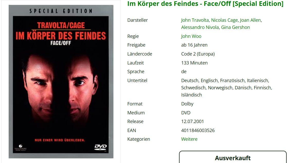 Tutti i DVDs: Im Körper des Feindes -DVD- Travolta/Cage – Usato da Dietikon venduto da Ruempfli 1