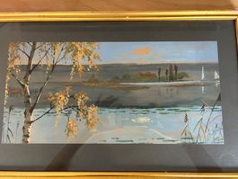 Gemälde See mit Segelbooten und Birke, gerahmt 49x30