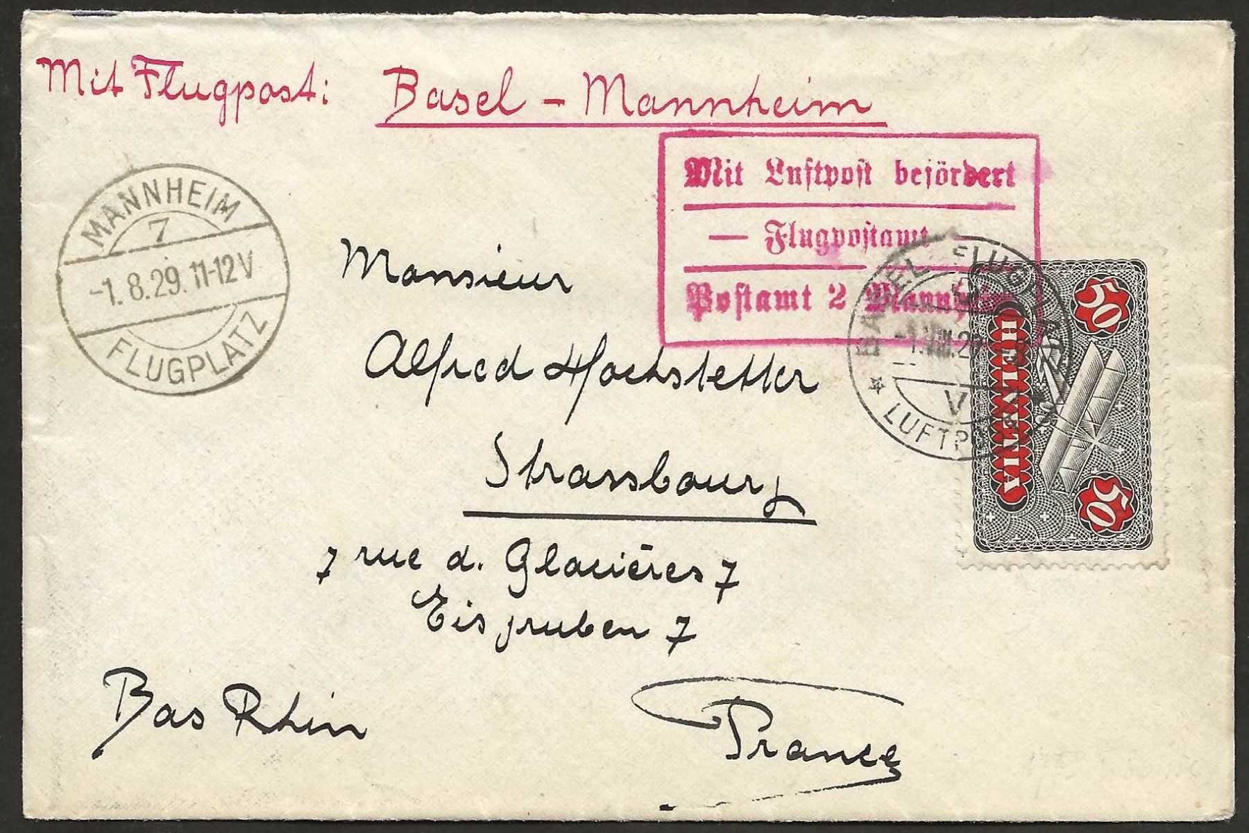 Tous les timbres: Flugpost Schweiz 1929 Basel Mannheim Strassburg Luftpost – D'occasion à Au ZH par xelagreb01