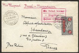 Flugpost Schweiz 1929 Basel Mannheim Strassburg Luftpost