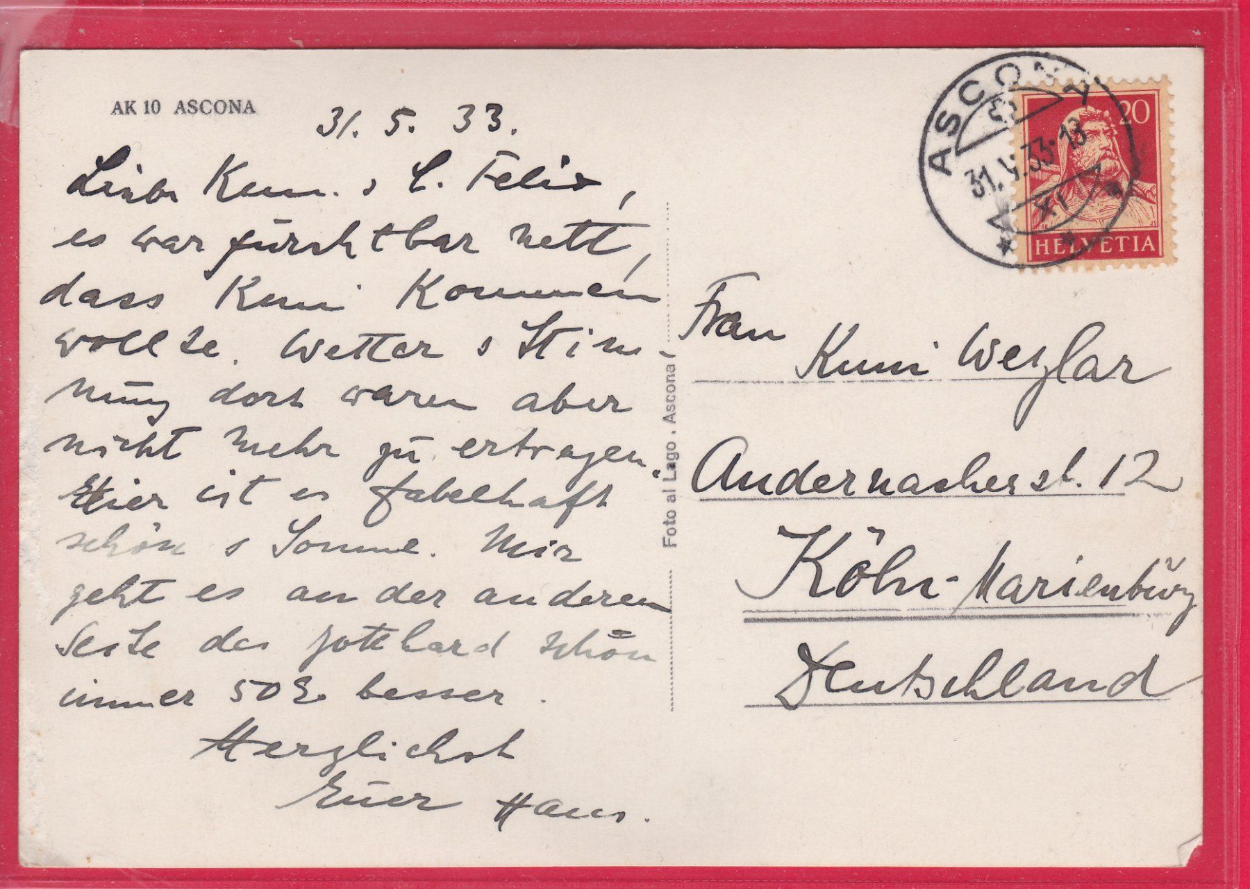 Cartoline postali: ASCONA, 31.5.1933 – Usato da Oberrieden venduto da Gebirgsstelze 1