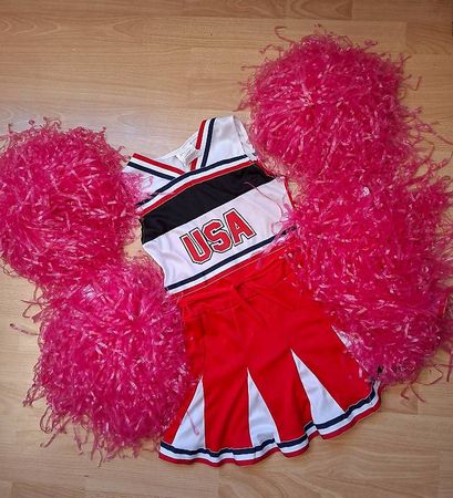 Kinder Kostüm Cheerleader mit 4 Pompons, Grösse: 128/134