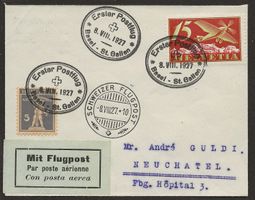 1927 Schweizer Flugpost Basel - St.Gallen 1. Postflug mit F3
