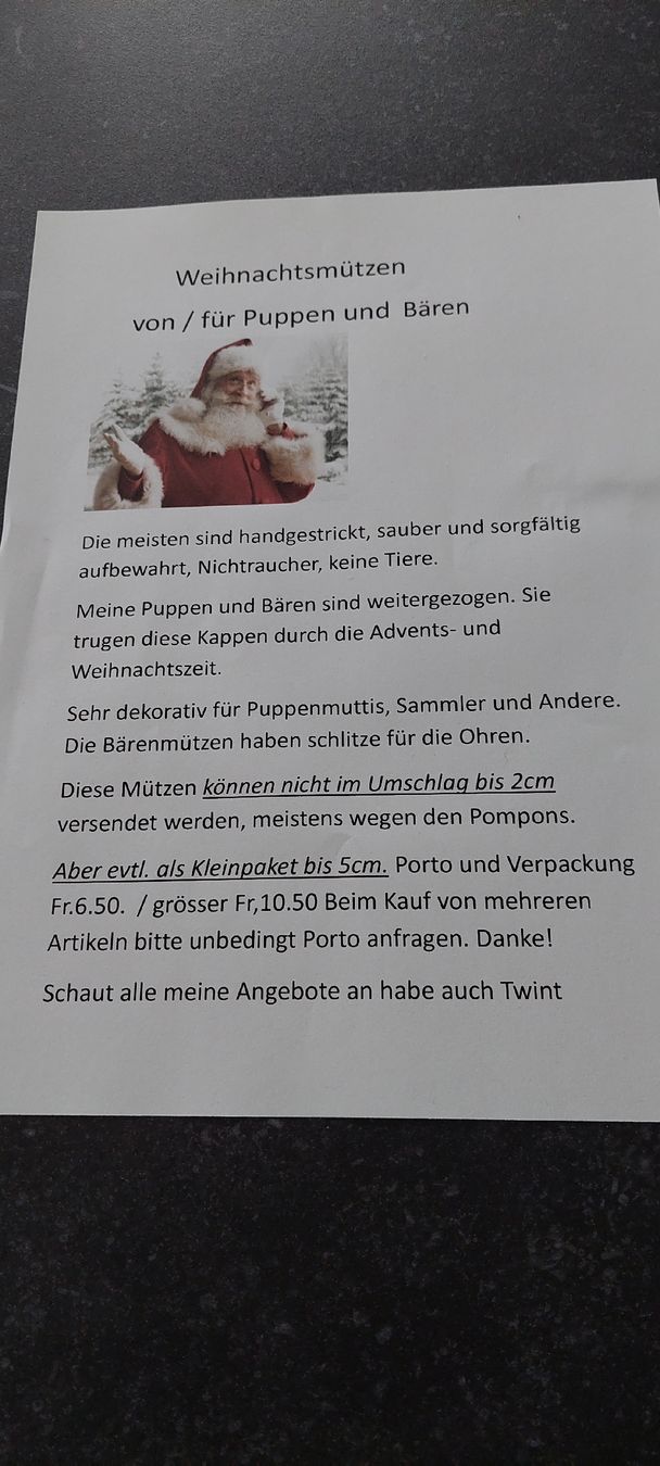 Heidi ott Puppen: Puppen -Deko- Weihnachtsmütze  – Neu (gemäss Beschreibung) aus Muri AG von nindo1 6