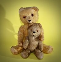 ZWEI ALTE , STARK BESPIELTEN TEDDYBÄREN.