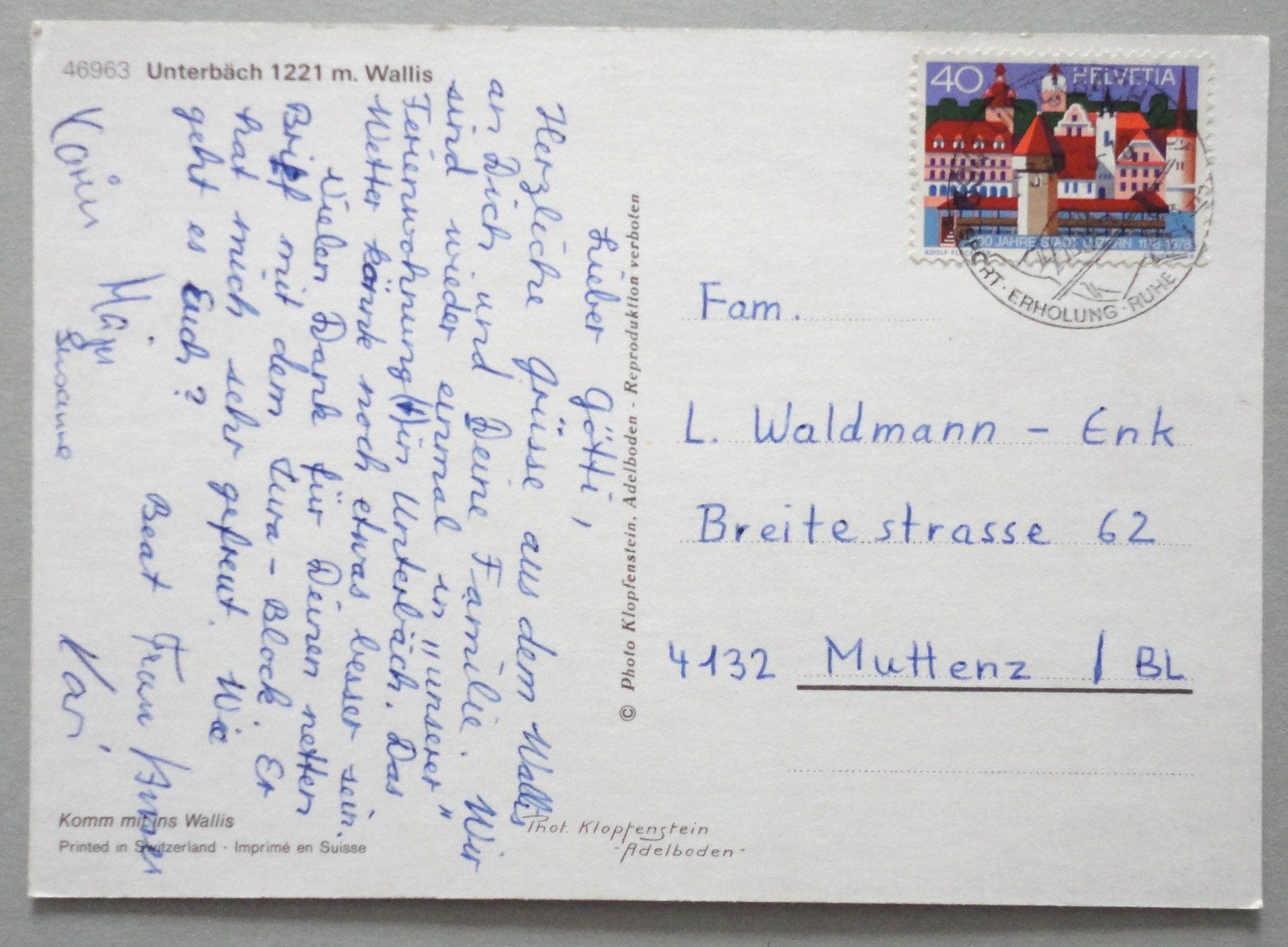 Cartoline postali: Unterbäch 1221 m – Usato da Fétigny venduto da Billy2miny 1