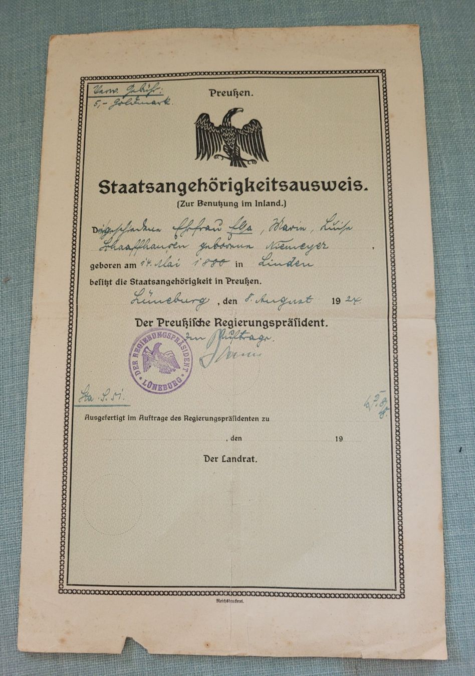 Documenti: Preussen Ausweis – Usato da Kriens venduto da KTP