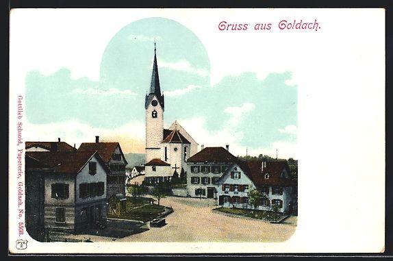 Cartoline postali: AK Goldach, Ortspartie mit Kirche – Usato da Berlin venduto da bartko-reher