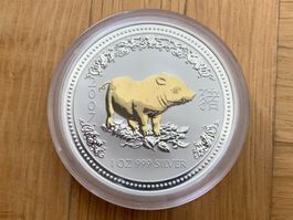 Lunar I Münze Schwein  2007  / 1Unze Silber gilded