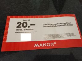 20.- chez les magasins Manor, à partir de 100.- d'achats