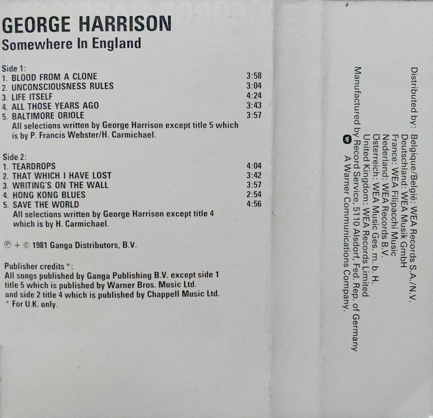 Musicassette: BEATLES / GEORGE HARRISON - SOMEWHERE IN ENGLAND – Usato da Bottens venduto da hotter-than-hell 1