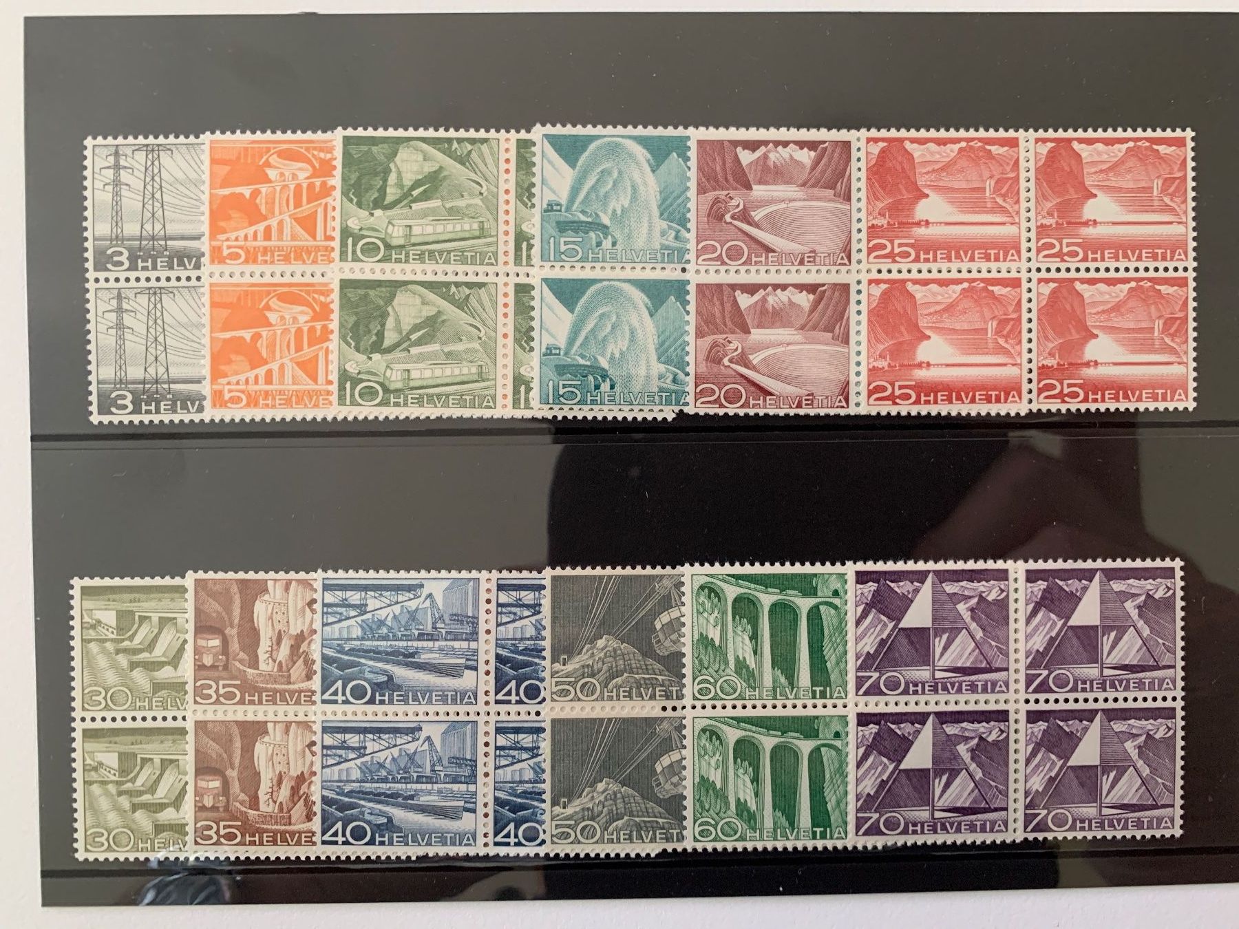 Tutti i francobolli: 1949 Technik und Landschaft Viererblock Satz postfrisch. – Usato da Willisau venduto da Repfuesch