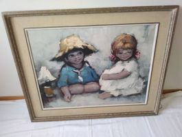 Originalgemälde 2 sitzende Mädchen unsigniert