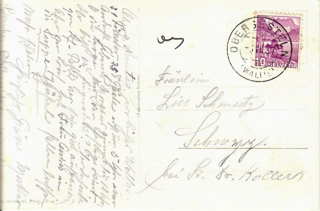 Cartoline postali: Obergesteln alter Grimsel Weg  1937 – Usato da Hochdorf venduto da Ziegel-16 1