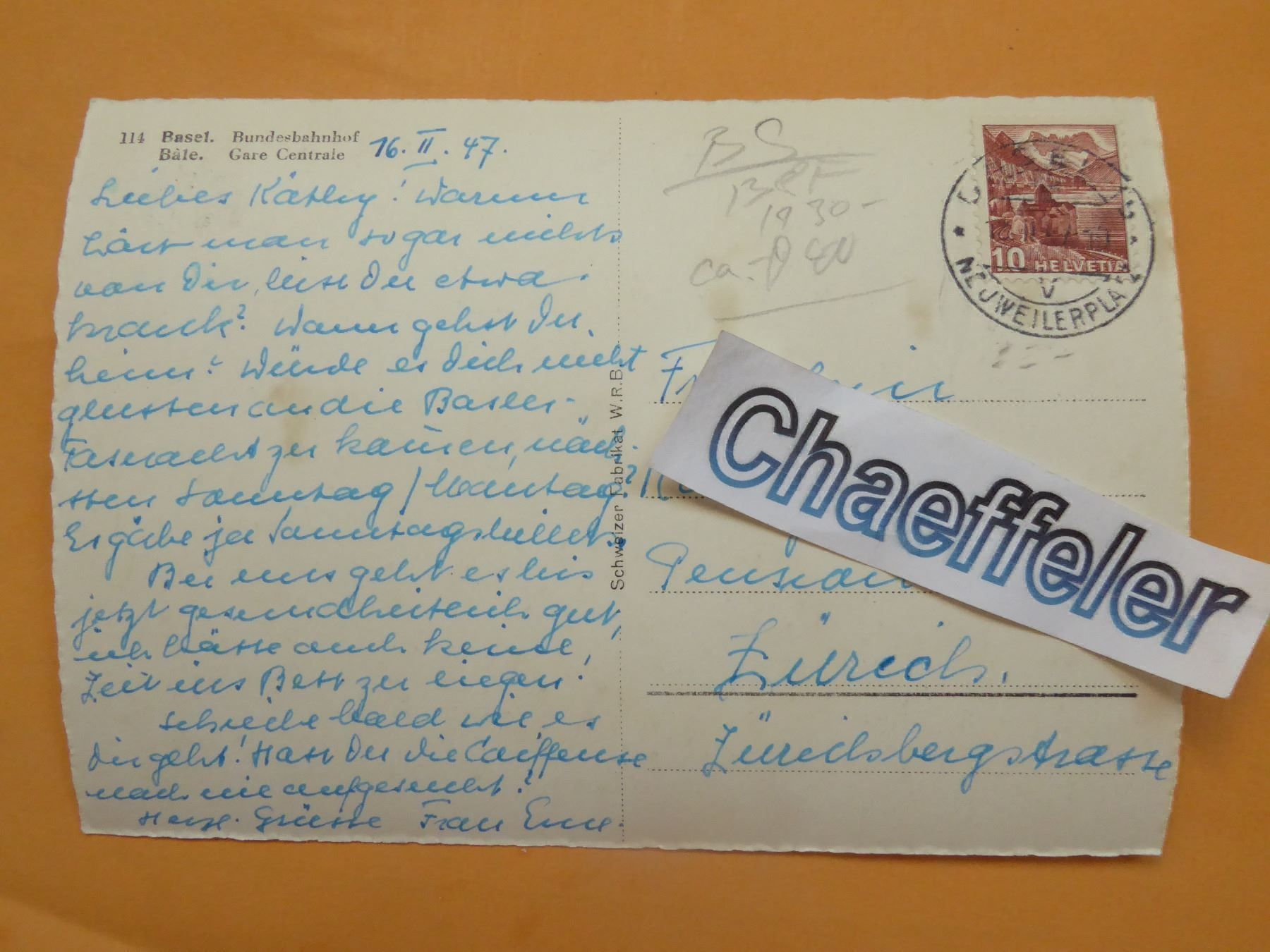 Cartes postales: 1947  114  Basel  Bundesbahnhof – D'occasion à Zürich par Chaeffeler 1