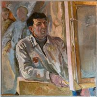 Gemälde Öl auf Leinwand Max Brunner "An der Staffelei" 1946