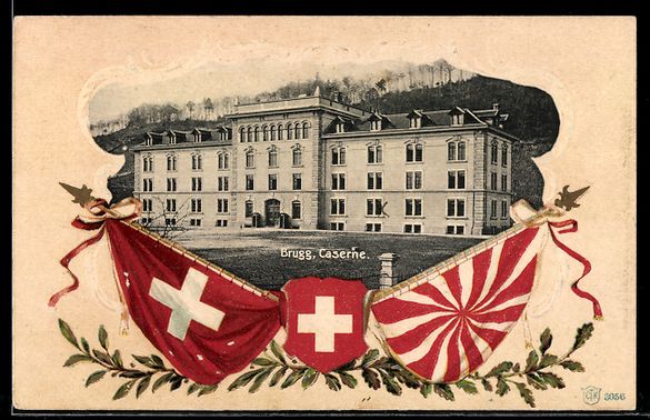 Cartoline postali: Präge-AK Brugg, Caserne, Schweizer Flag – Usato da Berlin venduto da bartko-reher