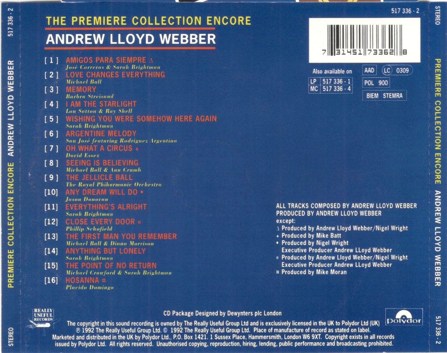 CD: Andrew Lloyd Webber CD: The Premiere Collection Encore – Usato da St. Margarethen TG venduto da ursk10 1