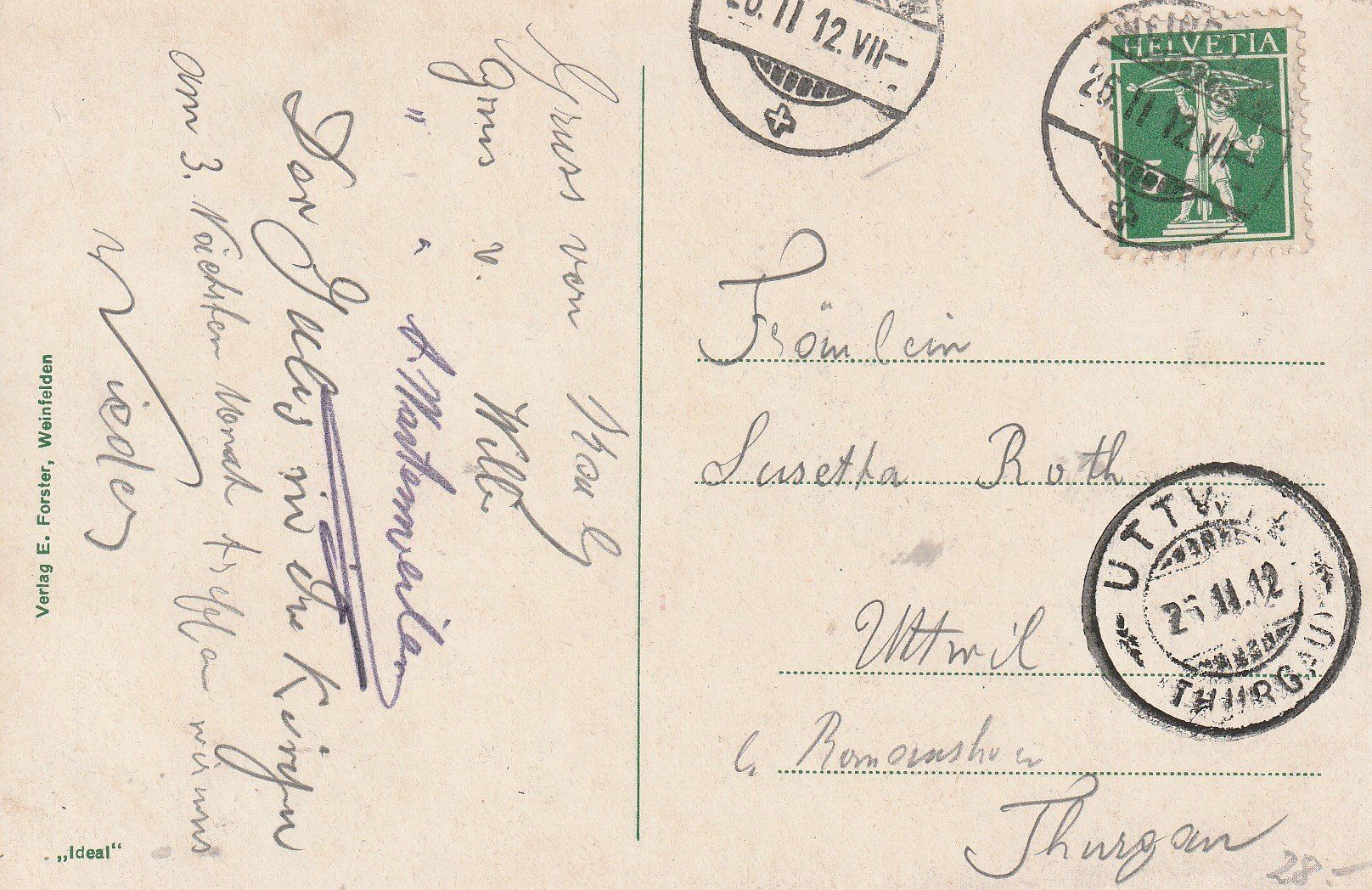 Ansichtskarten: Weinfelden - 1912 – Gebraucht aus uttwil von Koehlerfred 1