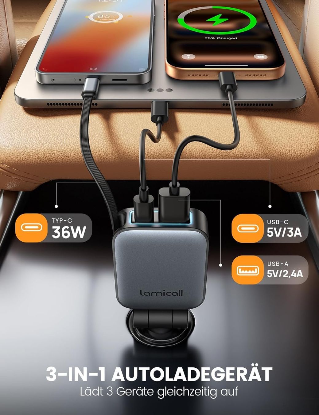 Caricabatterie: Lamicall USB C Auto Ladegerät 63W 3in1 KFZ – Nuovo e nell'imballaggio originale da Suhr venduto da SchnapperCH 4