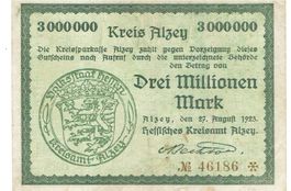 Alzey 3 Mil.Mark+Stempel SN rot 27.08.1923 SS++-VZ